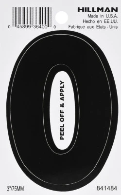 Adhesive House Address Number 0, Black Vinyl, 3-In.