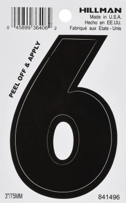 Adhesive House Address Number 6, Black Vinyl, 3-In.