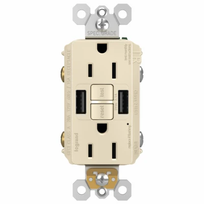 Pass & Seymour Radiant 15A Tamper-Resistant Self-Test GFCI USB Type-A/A Outlet, Light Almond