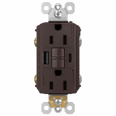 Pass & Seymour Radiant 15A Tamper-Resistant Self-Test GFCI USB Type-A/C Outlet, Dark Bronze