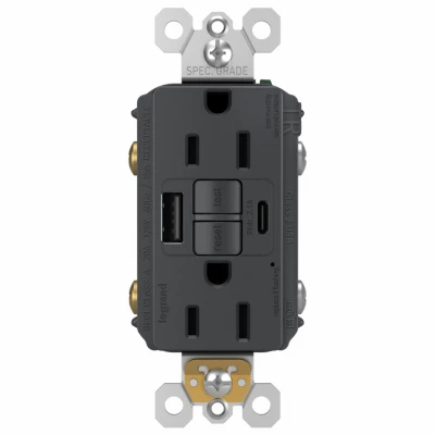 Pass & Seymour Radiant 15A Tamper-Resistant Self-Test GFCI USB Type-A/C Outlet, Graphite