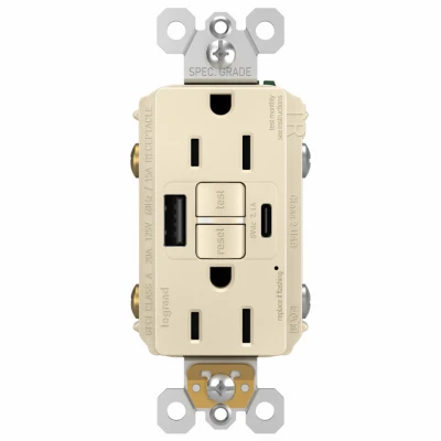 Pass & Seymour Radiant 15A Tamper-Resistant Self-Test GFCI USB Type-A/C Outlet, Light Almond