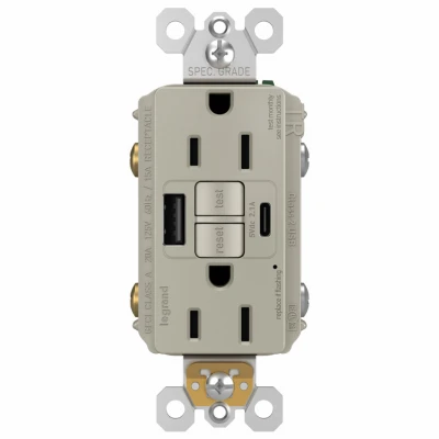 Pass & Seymour Radiant 15A Tamper-Resistant Self-Test GFCI USB Type-A/C Outlet, Nickel