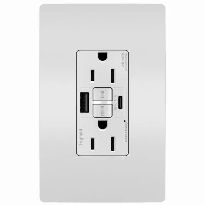 Pass and Seymour Radiant 15 Amp Tamper-Resistant Self-Test Ground Fault Circuit Interrupter USB Type-A and Type-C Outlet White