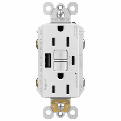 Pass & Seymour Radiant 15A Tamper-Resistant Self-Test GFCI USB Type-A/C Outlet, White