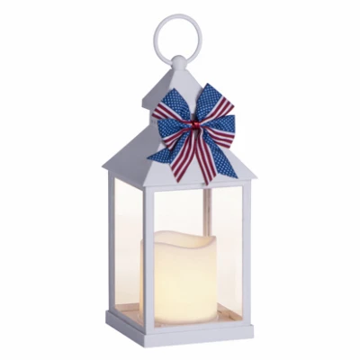 White Americana Resin Lantern, LED Candle, 10.75-In.