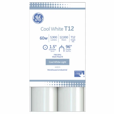 Fluorescent Linear Tube Light Bulb, Cool White, T12, 96 In., 2-Pk.