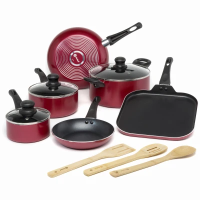 Easy Clean 12-Pc. Cookware Set, Non-Stick Coated Aluminum, Red.