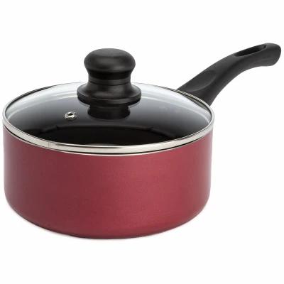 Easy Clean Non-Stick Coated Aluminum Saucepan with Lid, Red, 2 Quart Capacity