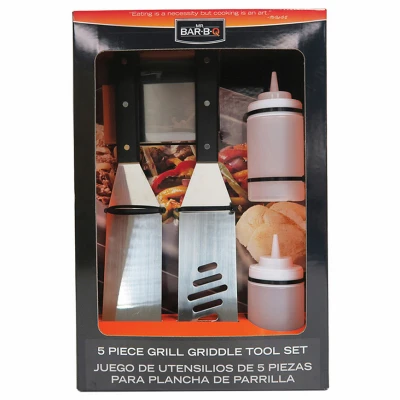 Five Piece Griddle and Grill Tool Set with Spatula, Tongs, Fork, Scraper, and Brush