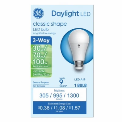 LED Three-Way Light Bulb A19 Medium Base Daylight 3 Watt 9 Watt 13 Watt