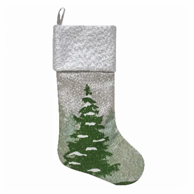 20 Inch Gray/white Faux Linen Christmas Stocking With Tree Print And Glitter Accents