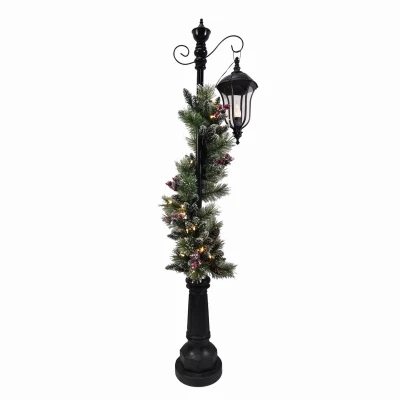 LED Christmas Lamp Post, Hanging Light & 50 Rice Lights, Greenery, 66 In.