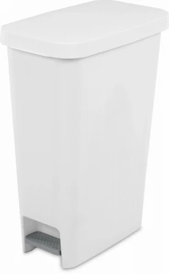 Slim StepOn Wastebasket, White, 11 Gallons Capacity, Pedal Operated Trash Can