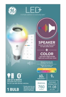 LED+ Speaker Light Bulb with Remote, Multicolor Syncs to Music, A21, 9 Watt