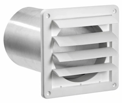 6 In. Exhaust Wall Louvered Vent, White Plastic, 11 In. Tail Pipe