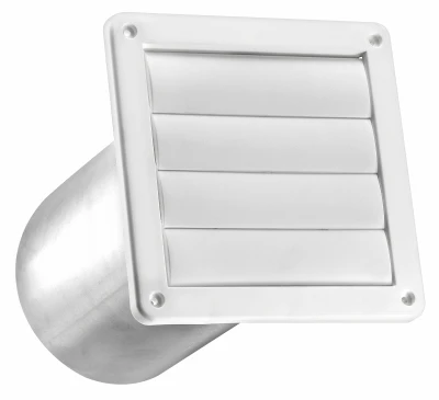 6 In. Exhaust Wall Louvered Vent, White Plastic, 11 In. Tail Pipe