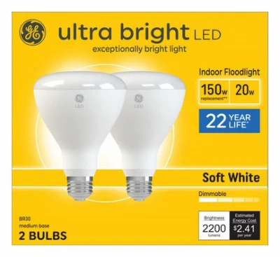 LED Ultra Bright Indoor Floodlight, Soft White, BR30 Medium Base, 20 Watts, 2-Pk.
