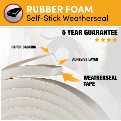Rubber Foam Weatherseal Tape, Three Eighths Inch Wide by Three Sixteenths Inch Thick by Ten Feet Long