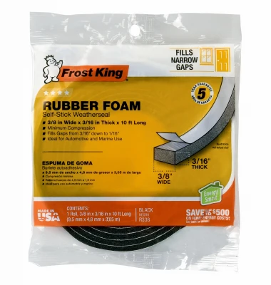 Rubber Foam Weatherseal Tape, 3/8 W x 3/16 In. T x 10 Ft.