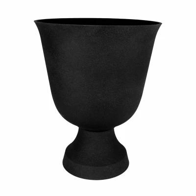 Urn-style Planter, Faux Stone Plastic, Black, 16 Inch Round For Outdoor Use