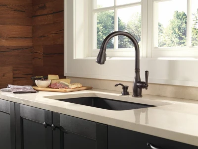 Charmaine Single Handle High Arc Kitchen Faucet with Pull-Down Spray and ShieldSpray Technology Venetian Bronze Finish with Soap Dispenser
