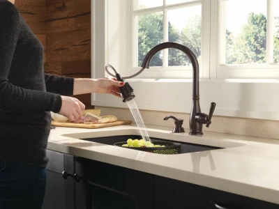 Charmaine Single Handle High Arc Kitchen Faucet with Pull-Down Spray and ShieldSpray Technology Venetian Bronze Finish with Soap Dispenser