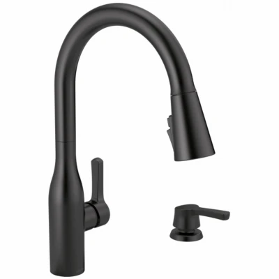 Marca Single Handle Kitchen Faucet, Pull-Down Spray, ShieldSpray Technology, Soap Dispenser, Matte Black