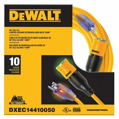 Lighted & Locking Extension Cord, 10/3 SJTW, Yellow, 50 Ft.