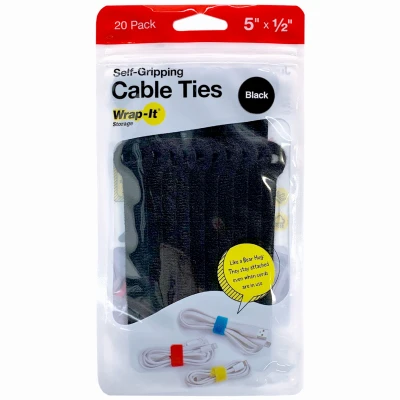 Self-Gripping Cable Ties, Reusable, Black, 1/2 x 5 In., 20-Pk.