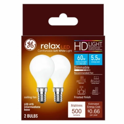LED Frosted Ceiling Fan Light Bulb, A15 Intermediate Base, Frosted, 5.5 Watt, 2-Pk.