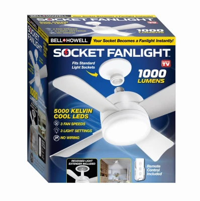 Socket Ceiling Fan + LED Light, Socket Extender & Remote