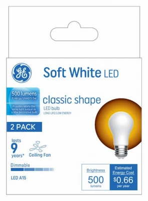 LED Ceiling Fan Light Bulbs, Soft White, A15, 500 Lumens, 5.5 Watt, 2-Pk.