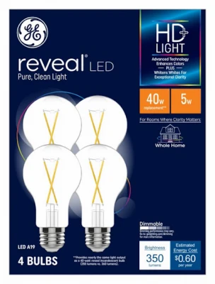 Reveal LED Light Bulbs, Clear, A19, 5 Watt, 4-Pk.