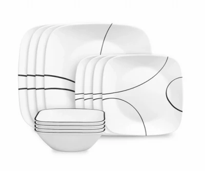 12-Pc. Simple Lines Square Dinnerware Set, White & Black, Service for 4