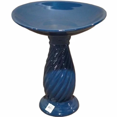 24 In. Swirl Birdbaths, Glossy White and Teal Ceramic, 4-Pk.