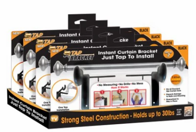 Instant Curtain Rod Brackets, Tap to Install, Black Steel, 2-Pk.