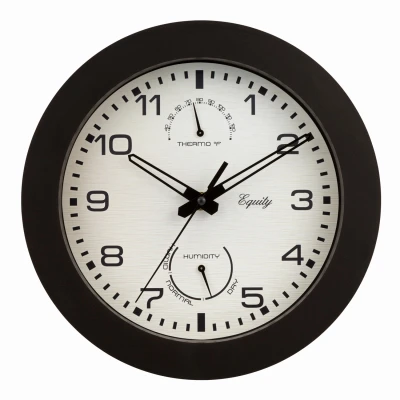 Equity Indoor/Outdoor Wall Clock, Temperature & Humidity, Brown Case, 10 In.