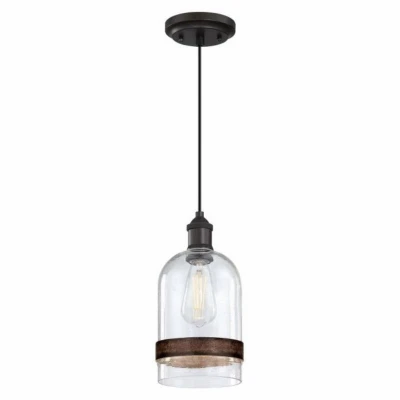 Tarrant Indoor Rustic Mini Pendant Light With Clear Seeded Shade, Black/bronze Finish