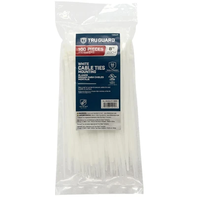 White Mounting Cable Ties, 8 Inch Length, 100 Count Pack