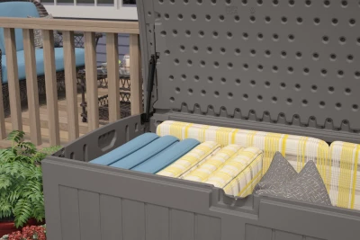 Suncast 58 in. W X 32 in. D Gray Plastic Deck Box 200 gal Suncast 58 in. W X 32 in. D Gray Plastic Deck Box 200 gal