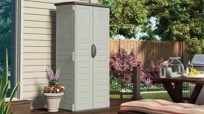 Vertical Resin Storage Shed in Vanilla Color with 22 Cubic Feet Capacity