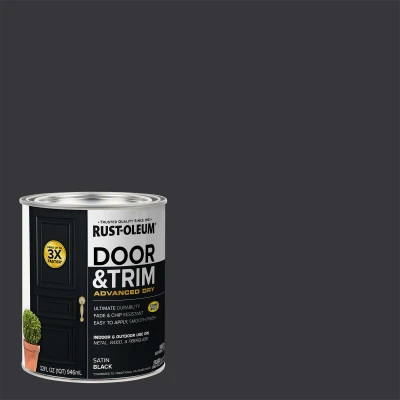 Door and Trim Paint, Interior and Exterior Use, Water Based Satin Finish, Black, Quart