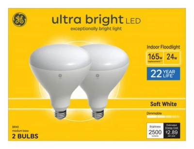 LED Ultra Bright Indoor Floodlight Bulbs, Soft White, BR40, Medium Base, 24 Watts, 2-Pk.