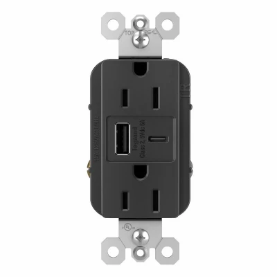 Pass & Seymour Duplex Outlet / Ultra Fast USB Charger, 15A, Black