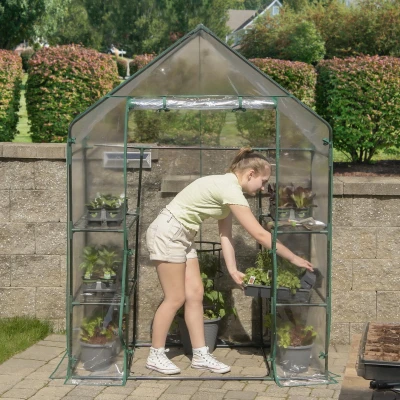 Mini Greenhouse with Steel Frame, Four Mesh Shelves, Clear Cover, 56 by 29 by 76 Inches High