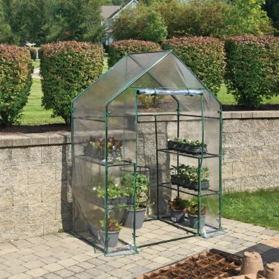 Mini Greenhouse, Steel Frame, 4 Mesh Shelves, Clear Cover, 56 x 29 x 76 In. High