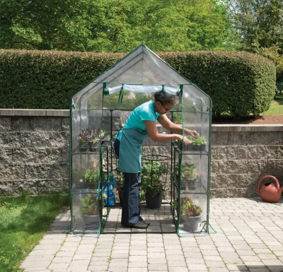 Mini Greenhouse with Steel Frame, Four Mesh Shelves, Clear Cover, 56 by 56 by 76 Inches High