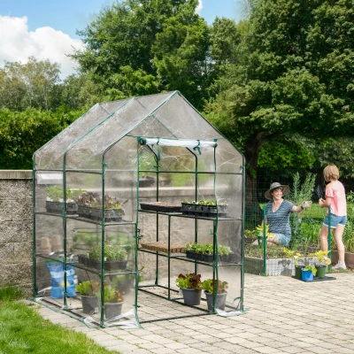 Mini Greenhouse with Steel Frame, Four Mesh Shelves, Clear Cover, 56 by 56 by 76 Inches High