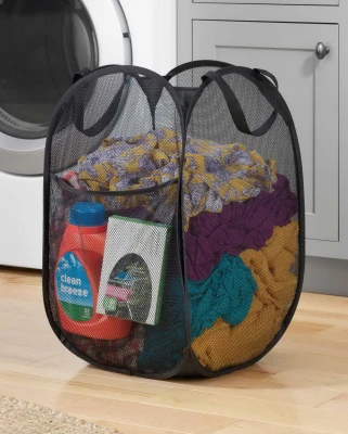 Pop & Fold Laundry Hamper - Black Mesh Fabric, Wire Frame, Collapsible Design